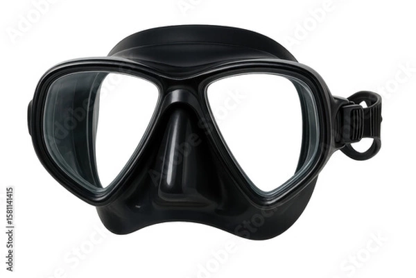 Obraz Black diving mask with streamlined profile, enabling clear underwater vision. Marine equipment resting against transparent backdrop