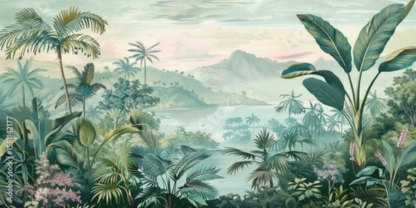 Fototapeta Wallpaper serene tropical landscape painting in pastel tones	
