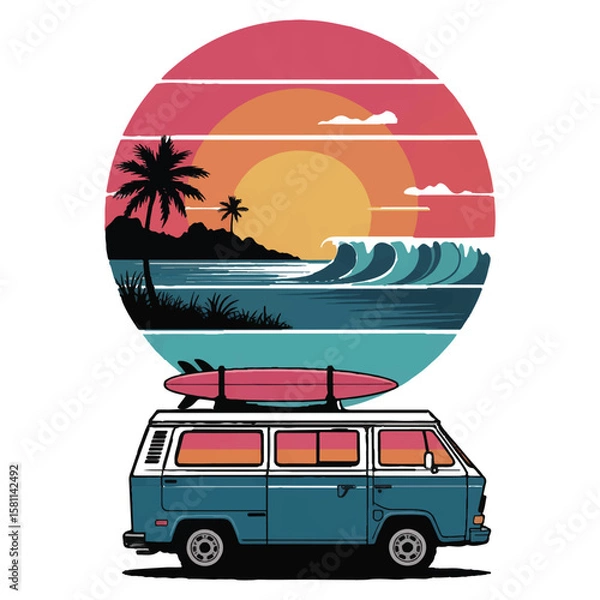 Fototapeta Vector art of a retro surf van is parked on a tropical beach at sunset isolated on white background