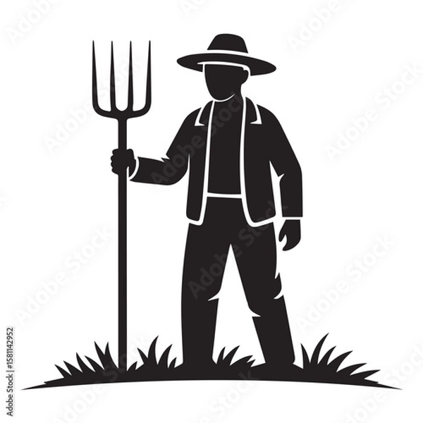 Fototapeta Vector art of a silhouette of a farmer holding a pitchfork standing in a field, isolated on white background