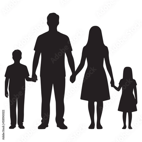 Fototapeta Vector art of a silhouette of a family of four holding hands isolated on white background