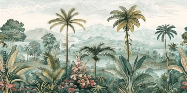 Fototapeta Wallpaper serene tropical landscape painting in pastel tones