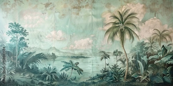 Fototapeta Wallpaper serene tropical landscape painting in pastel tones