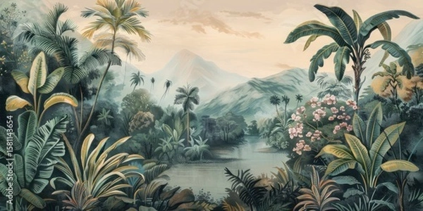 Fototapeta Wallpaper serene tropical landscape painting in pastel tones	
