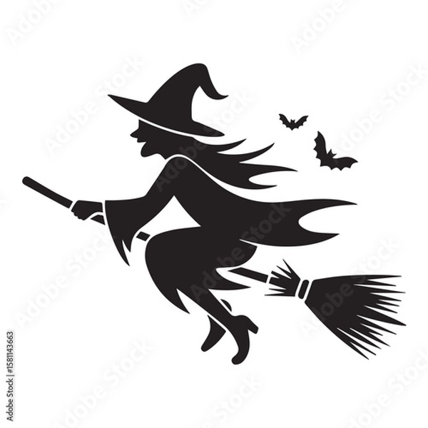 Fototapeta Vector art of a silhouette of a witch flying on a broom with bats, isolated on white background