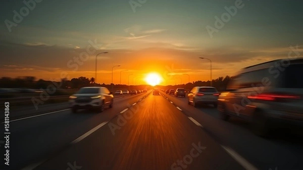 Fototapeta Sunset highway with blurred motion and warm golden light.