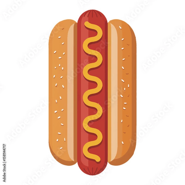 Fototapeta Vector art of a vibrant hotdog with mustard on a sesame seed bun, isolated on white background