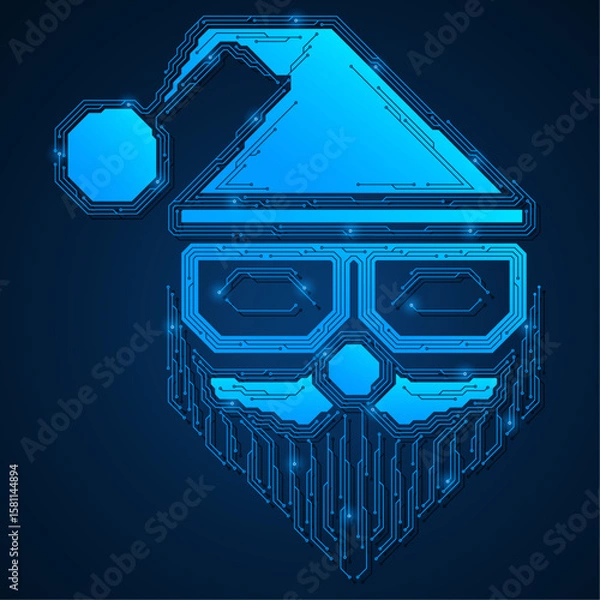 Fototapeta Futuristic cyber Santa. A digital portrait in glasses, with a hat, beard and moustache, stylized as electronic tracks of a printed circuit board.