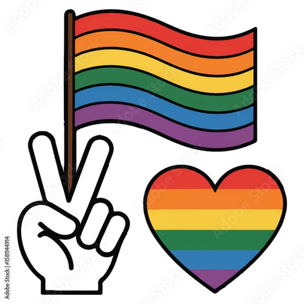 Fototapeta Vector art of a vibrant rainbow flag waves beside a peace sign and heart, isolated on white background