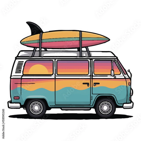 Fototapeta Vector art of a vintage surf van with a surfboard on top is isolated on white background
