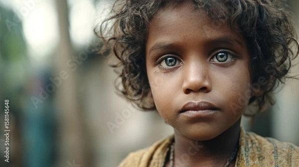 Fototapeta Close-Up of Young Indian Boy with Expressive Eyes in Poverty Scene