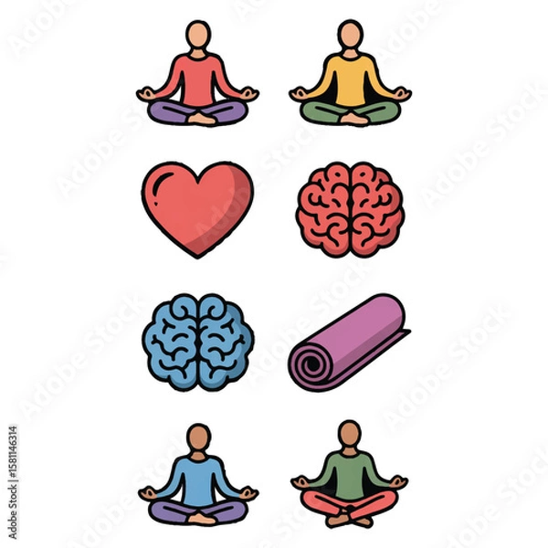 Fototapeta Vector art of meditating figures, a heart, brains, and a yoga mat are arranged on a white background
