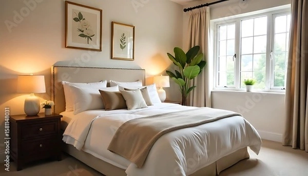 Fototapeta Comfortable bed with beautiful linens and decor in bedroom, Cozy fall bedroom decor, created with generative ai