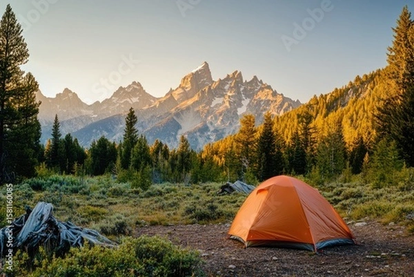 Obraz Sunrise camping in mountains.  Orange tent nestled in a pine forest at the base of a majestic mountain range