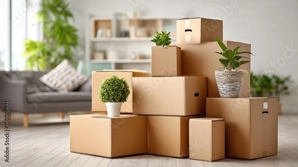 Fototapeta In a bright, modern living room filled with natural light, several cardboard boxes are stacked creatively alongside potted plants, creating an organized yet homey atmosphere.