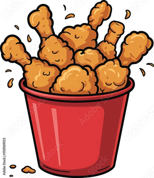 Fototapeta Cartoon illustration of a bucket filled with delicious crispy fried chicken
