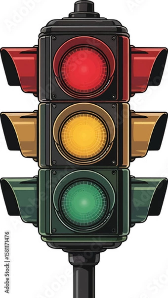 Fototapeta Illustration of a classic urban traffic light with illuminated red yellow and green signals