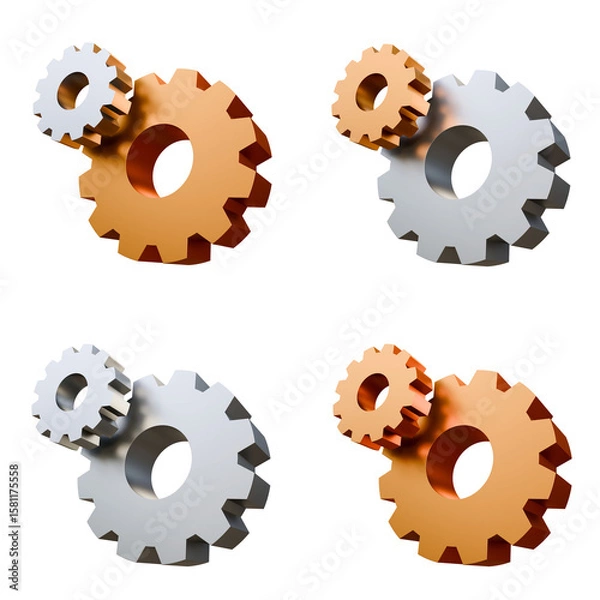 Fototapeta Set of two silver metal gears isolated. Settings icon concept. Cogwheel isolated. Gears or cogwheels isolated background.