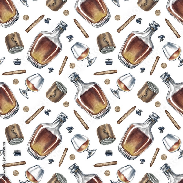 Fototapeta Seamless pattern on a men's theme, with cognac, wallets and cigars. Hand-drawn watercolor illustration. Great for textiles, wrapping paper and packaging, for decor of bars and pubs and much more.