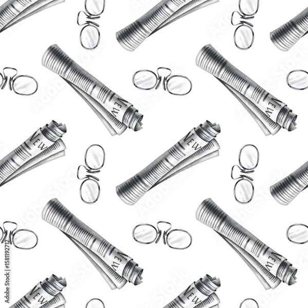 Fototapeta Seamless pattern made from newspaper rolls and optical glasses. Hand-drawn watercolor illustration. Perfect for textiles, wrapping paper and packaging, printing house decor and more.