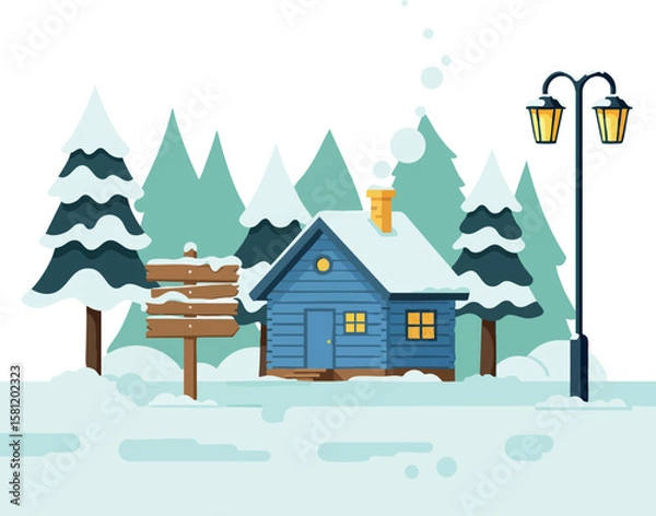 Fototapeta Winter cabin surrounded by snow-covered pine trees and wooden signpost with street lamp in snowy landscape vector illustration