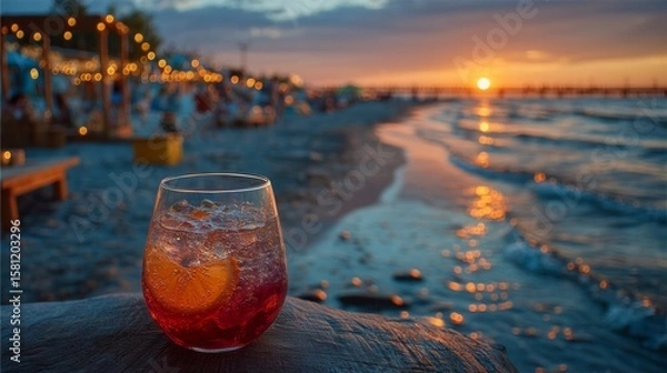 Fototapeta Refreshing cocktail in a glass with ice and orange slice, set against a beautiful beach sunset, creating a relaxing summer atmosphere