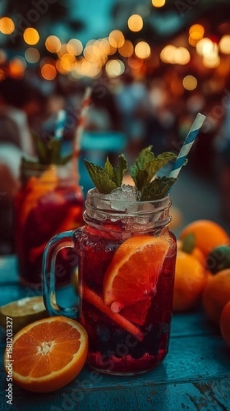 Fototapeta Refreshing summer beverage in mason jar with mint leaves and citrus slices, surrounded by oranges and vibrant bokeh lights, perfect for outdoor gatherings
