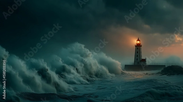 Fototapeta Lighthouse standing tall against crashing waves during stormy weather, illuminating the dark sky with a warm glow, symbolizing hope and guidance