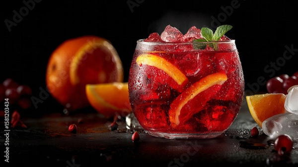 Fototapeta Refreshing cocktail with ice and citrus garnishes in a glass, surrounded by fresh fruit, showcasing vibrant colors and enticing textures