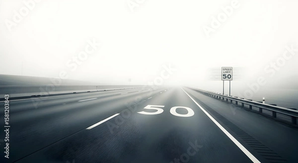 Fototapeta Eerie highway in dense fog with speed limit fifty sign offering a moody atmosphere
