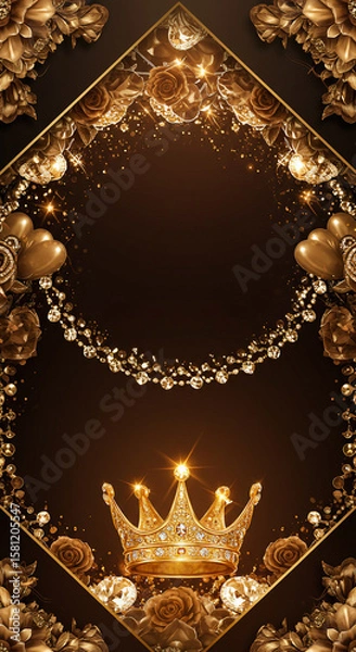 Fototapeta A luxurious golden-themed birthday banner with a glittering crown at the center. Surrounding the crown are sparkling gems and floral arrangements in warm tones.