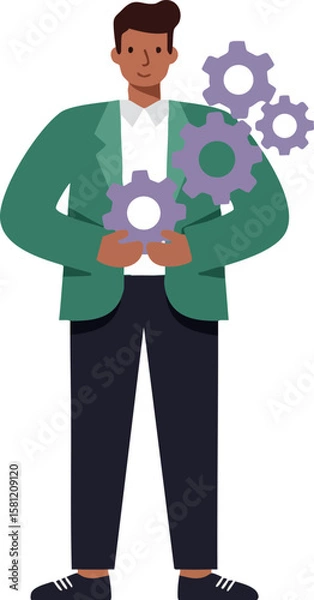 Fototapeta Man holding purple gears symbolizing teamwork and technology concept with green jacket and black pants vector illustration