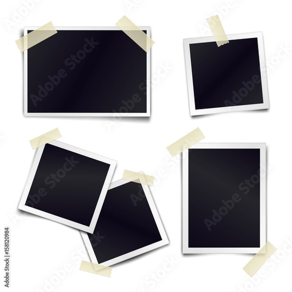 Fototapeta Vector Collection of blank photo frames sticked on duct tape to white background. Template mockups for design.