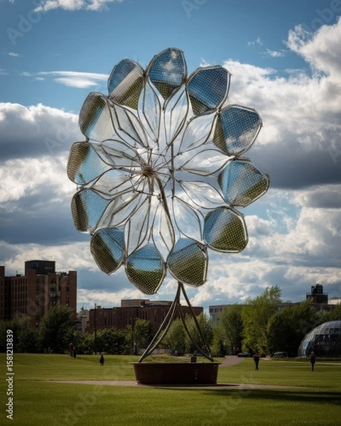 Fototapeta A modern art installation resembling a flower with solar panels, capturing sunlight on a partly cloudy day.