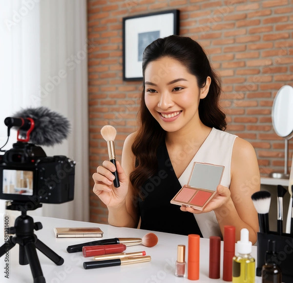 Fototapeta Beauty Blogger Live Streaming Makeup Tips with DSLR Setup