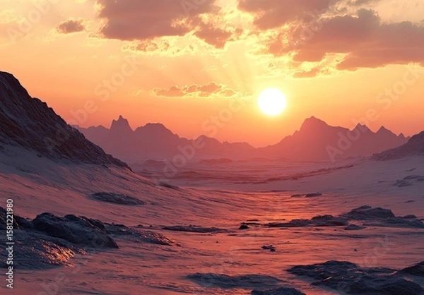 Obraz Sunset over a desolate, snowy mountain range