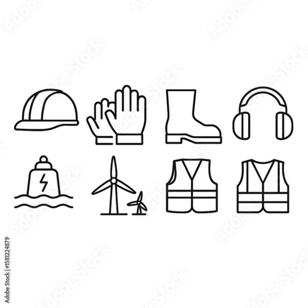 Obraz A comprehensive set of minimalist outline icons illustrating essential personal protective equipment, industrial safety, and renewable energy concepts.