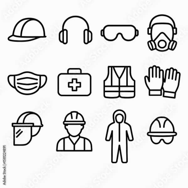 Obraz Vector line drawing showcases a collection of essential personal protective equipment, including a hard hat, safety glasses, and respirator, against a clean white backdrop.