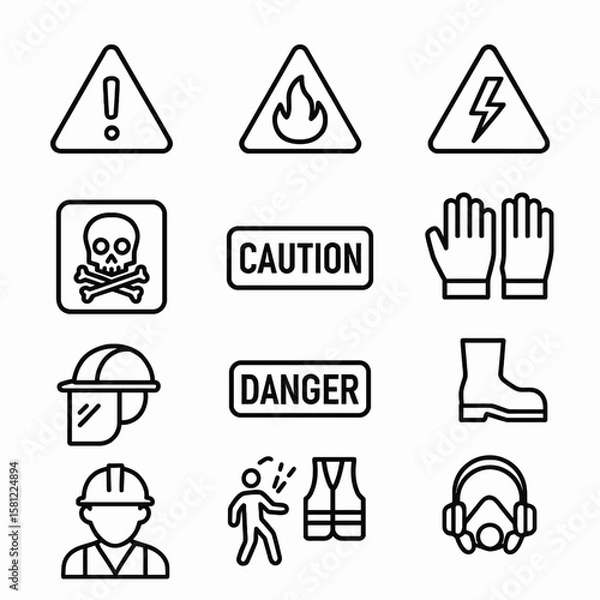 Obraz A collection of safety signs and personal protective equipment icons, perfect for illustrating workplace hazards and safety regulations in various industrial settings.