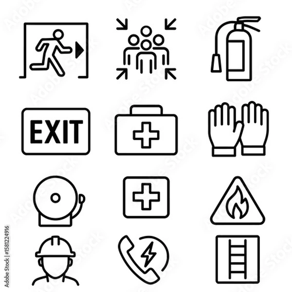 Obraz Collection of safety and emergency icons including exit sign, fire extinguisher, first aid kit, and safety helmet.