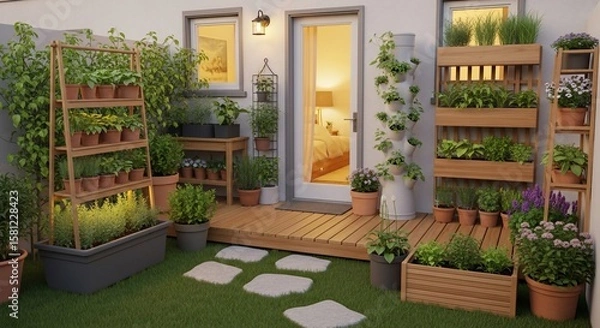 Fototapeta Serene Urban Garden Oasis: Lush Plants, Wooden Structures, and Tranquil Ambiance