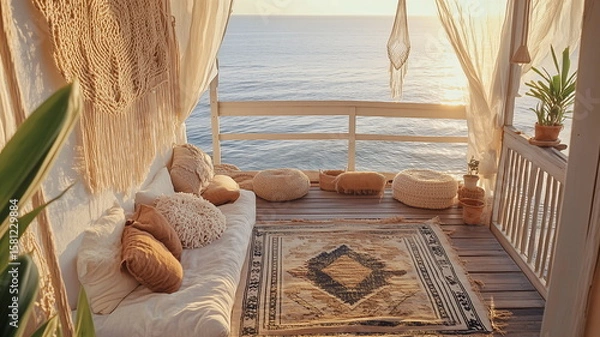 Fototapeta Boho Balcony Overlooking Ocean at Sunset – Cosy Coastal Vibes