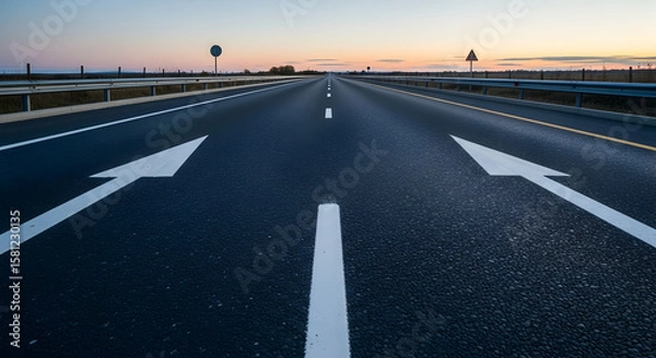 Fototapeta Endless highway road with arrows pointing to different directions, horizon view and clear sky background
