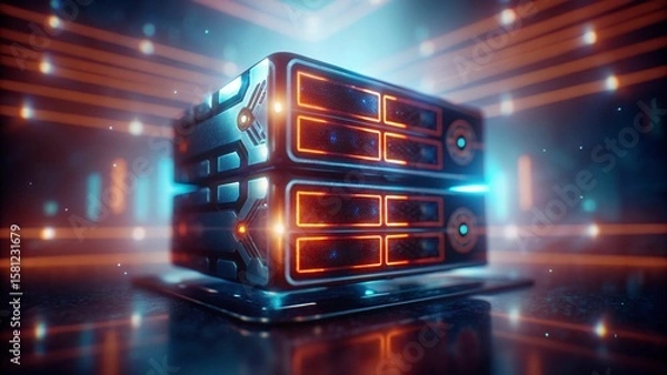 Obraz Brilliant Dual-Layered Server Unit with Glowing Blue and Orange Accents in High-Tech Digital Space for Superior Data Management Cloud Computing Capabilities