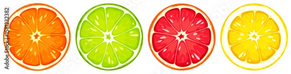 Fototapeta Citrus fruit slices isolated on a white background. Grapefruit, orange, lemon, and lime slices. Set of vector illustrations