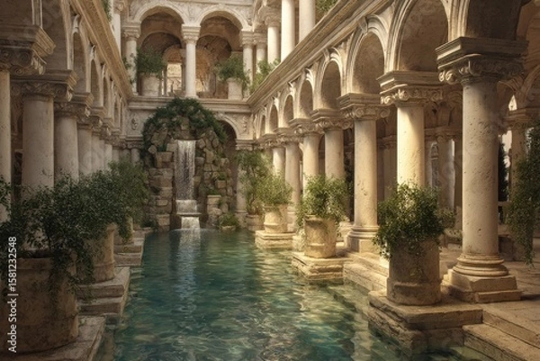 Obraz Tranquil oasis: A serene indoor pool surrounded by ancient architecture and lush greenery.
