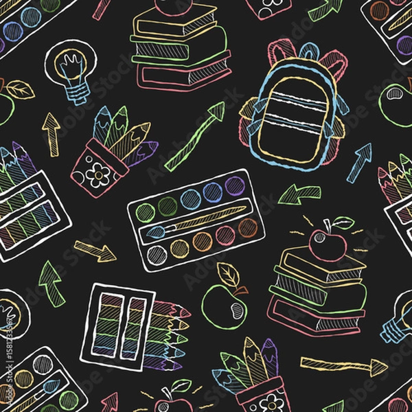Fototapeta Chalk doodle back to school seamless pattern. Repeating background with stationery, school and creative supplies. Backpack, pencils, paints, arrows and lamps. Black background with color elements.