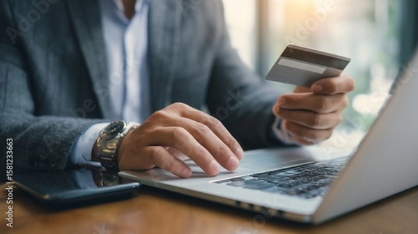 Obraz Online banking businessman using Laptop with credit card Shopping online Fintech and Blockchain concept