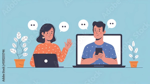 Fototapeta business people with speech bubbles, social networking concept, flat illustration design wallpaper, set of flat icons for web