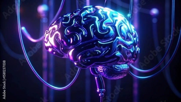 Obraz Stunning 3D Brain Model with Neon Blue Neural Connections Display